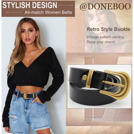 Doneboo Women's Belt Western Belts Silver Gold Buckle Black Leather Belt Pants Jeans Belts for Women
