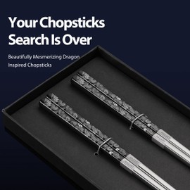 Hagary Dragon Chopsticks Metal Reusable Designed In Korea Japanese Style Stainless Steel 316 18/10 Non-Slip 2 Pairs Dishwasher Safe Laser Etched (Black)