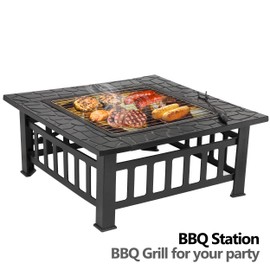 ZENY 32" Outdoor Fire Pit Square Table Metal Firepit Table Backyard Patio Garden Stove Wood Burning Fireplace w/ Waterproof Cover, Spark Screen and Poker