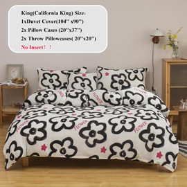 CinYana Fluffy Duvet Cover Set Floral Duvet Cover 5 Piece Furry Fuzzy Comforter Cover Set,King Size Flowers Bedding Sets(Black and White,King/California King)