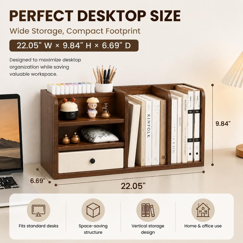 Desktop Organizer with Drawer & Dual File Compartments, Multi-Functional MDF