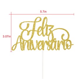 Feliz Aniversário - Decoración para tartas de cumpleaños, decoración portugués, cartel de Happy Bday, ensamblado, doble cara con purpurina dorada