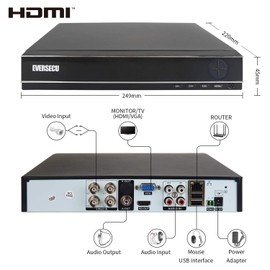 Eversecu 4 Channel Security Camera System 1080P DVR and (4) 1.0MP 720P Weatherproof Cameras Support Night Vison Weatherproof, Motion Alert, Smartphone, PC Easy Remote Access (NO HDD Included)