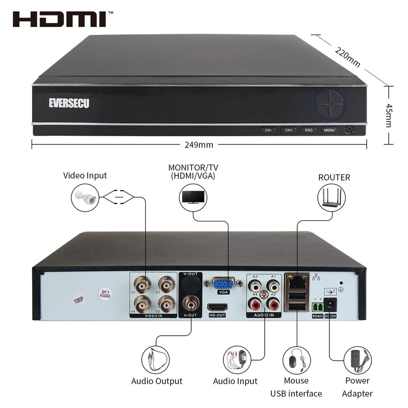 Eversecu 4 Channel Security Camera System 1080P DVR and (4)
