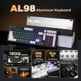 YUNZII AL98 QMK/VIA Wireless Mechanical Gaming Keyboard,Full Aluminum,BT/2.4G/USB-C, Pre-Lubed Hot Swappable Gasket Mount 1800 Layout,RGB Backlit for Win/Mac (Black, Cocoa Cream V2 Switch)