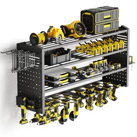 Tomorotec 4-Layer Wall-Mounted Power Tool Storage Rack, Heavy-Duty Steel Drill Organizer with Adjustable Shelves & Side Hooks for Toolbox, Easy Installation Garage & Workshop Storage (Black)