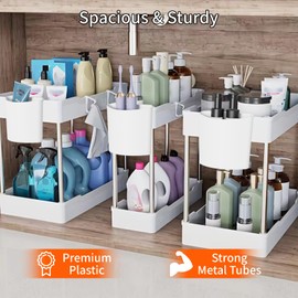 JYSMYWS 3 Pack Under Sink Organizers and Storage, 2 Tier Bathroom Cabinet Organizer Shelf with Hanging Cups for Kitchen & Bathroom (White)