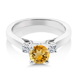 Gem Stone King 925 Sterling Silver Yellow Citrine and White Topaz 3-Stone Engagement Ring For Women (0.98 Cttw, Round 6MM, Gemstone November Birthstone, Size 6)