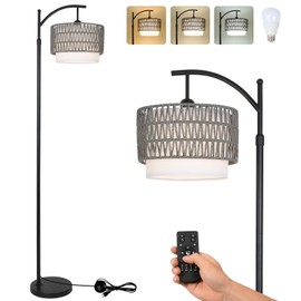 eyassi Floor Lamps for Living Room, Arc Standing Lamp with Remote & Dimmable Bulb, Boho Rattan Floor Lamp for Bedroom with 3 Color Temperatures, Farmhouse Tall Lamp, Height Adjustable Stand up Lamp