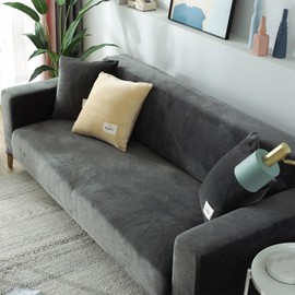 Byforphye Sofa Covers, Stretch Sofa Slipcover Anti-Slip Velvet Plush Couch Covers with Elastic Bottom Kids Pets Friendly Furniture Protector for Living Room (Velvet Dark Grey, 4 Seater)