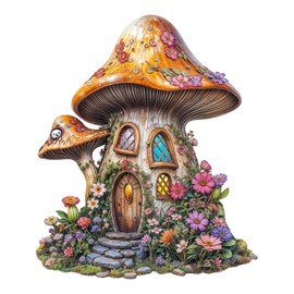 SECOGM Wooden Puzzles for Adults - 200 Pieces Mushroom Fairy House Wooden Puzzle - Unique Animal Shape Wood Cut Puzzles - Eco-Friendly Home Office Decor (M-11.4 * 11.8in)