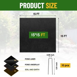 15 x 15 ft Pond Liner Underlayment with 10 U-pins, 9oz, Black