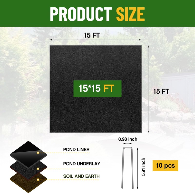 15 x 15 ft Pond Liner Underlayment with 10 U-pins,