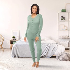 Alexander Del Rossa Women's Onesie Ribbed Waffle Knit Pajamas Set, Jumpsuit Romper for Adult Sage L (A0885SGELG)