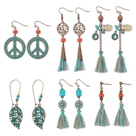 ANATTASOUL 6 Pairs Bohemian Vintage Tassel Earrings Set for Women Hook Earrings Hollow Carved Flower Drop Earrings Double Round Texture Pattern Dangle Statement Earrings Retro Indian, Alloy Steel