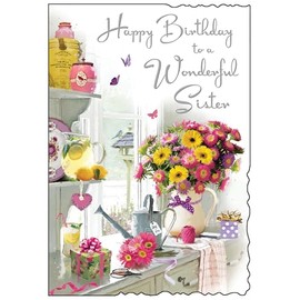 Jonny Javelin Sister Birthday Card - Happy Birthday Card with Flowers and Summer Window Design and Special Finishes - Birthday Cards for Women