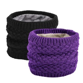 EPEIUS Kids Girls/Boys Winter Knitted Infinity Scarf Children Warm Soft Polar Fleece Neck Warmer 2 Pairs Pack,Black and Purple,One Size