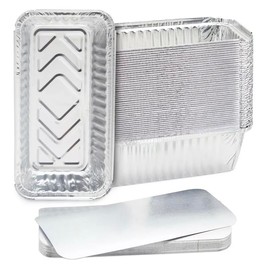 HAYCH 50 Large Aluminium Disposable Reusable Foil Food Container with Lids, Great For Baking Dispose or Re-use - (20 x 11.5 x 5.5cm (Medium))