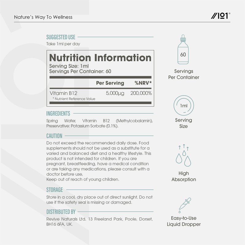 Vitamin B12 Liquid Drops 5000mcg - 60ml (2 Months Supply)
