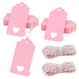 GAUENEEN 100 Pcs Pink Gift Tags Hollow Heart, 3.54 × 1.77 Inches Kraft Paper Tags with String for Mother's Day Valentine's Day Wedding Presents Craft
