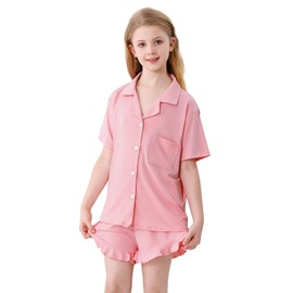Umeyda Pajamas for Girls Soft Comfy Set Pajama Set Short Sleeve Button Up Pajama Top Pj Shorts, Pink, 7-8 Years = Tag 140
