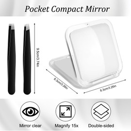 Kompakter Make-up-Spiegel mit Vergrößerung 15 x / 1 x für Reisen, kleiner Taschenspiegel, tragbar, faltbar, Spiegel für Taschen auf 2 Seiten mit 15 x und 1 x mit 2 Pinzetten, quadratisch ca. 8,5 cm,