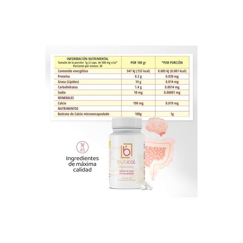 Butirato de Calcio Microencapsulado - Prebiotico Posbiotico - 60 Cápsulas