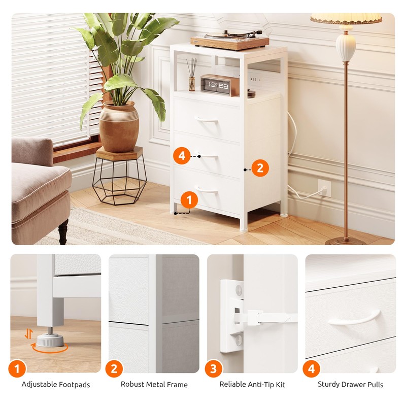 Lazzanto NightStand Bedside Charging Table Bedroom - White Night Stand
