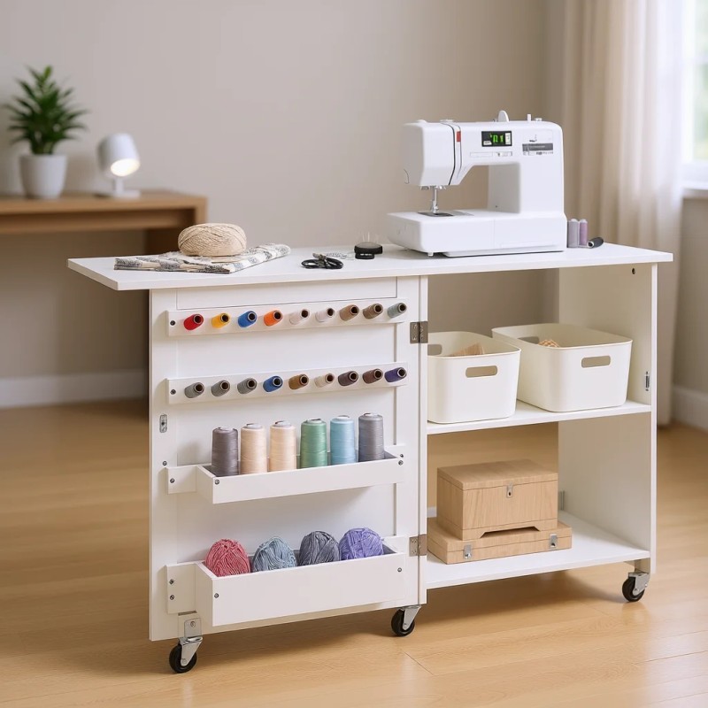 White Folding Sewing Table With Storage Shelves And Lockable Wheels