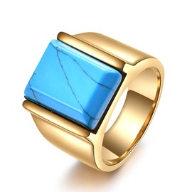 YIFSIY Turquoise Rings for Men Women 18K Yellow Gold Plated 10x15 mm Square Turquoise Signet Ring Vintage Jewelry Gifts for Birthday Father's Day Size 8