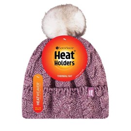 HEAT HOLDERS - Ladies Cable Knit Fleece Lined Thermal Winter Bobble Pom Pom Hat (One Size, Rose)