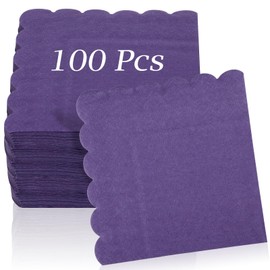 100 Pcs Cocktail Napkins, 2-Ply 5 x 5 Inches Disposable Scalloped Napkins, Thick Premium Dessert Napkins for Party, Wedding, Dinner, Birthday, Anniversary, Festival (Purple)