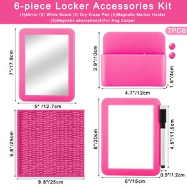 Geelin 7 Pcs Locker Decorations and Organizers for Girls Including Mirror Whiteboard with Dry Erase Pen Magnetic Stickers and Rug for School Locker Accessories Back to School Essentials(Pink)