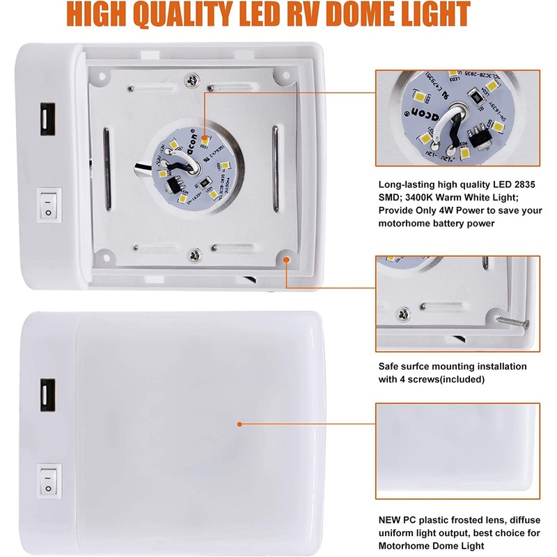 Facon 12V LED Ceiling Dome Light with USB Charger, High
