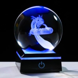 Axolotl Glass Animals Gamer Room Decor - 3D Crystal Ball Night Light Statue, 3.15'' Gamer Gifts for Kids