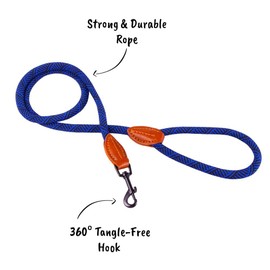 AllPetSolutions Rope Dog Lead - Heavy Duty Walking, Running, Outdoor Training Lead for Dogs - Anti-Tangle Leash with 360 Hook, Strong Clip, Easy Grip Loop Handle - Black/Blue, Braided Nylon, 120cm