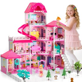 DIY Dollhouse for Girls - 4-Level 10-Room Villa with 2 Dolls, 4 Dogs & Rich Accessories, Dolls House Toys for Kids 4-8 Years Old