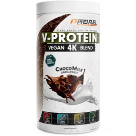 Veganes Proteinpulver SCHOKOLADE - V-PROTEIN 4K Blend, 750g | Unglaublich lecker & cremig | Aus Sonnenblumen, Soja, Hanfsamen & Kürbiskernen | Pflanzliches Eiweißpulver mit 74% Eiweiß