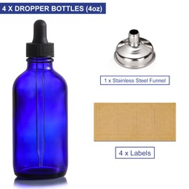AOZITA 4 Pack, 4oz Blue Glass Dropper Bottles with 1 Funnel & 4 Lables - 120ml Dark BlueTincture Bottles with Eye Droppers - Leakproof Travel Bottles For Essential Oils, Liquids