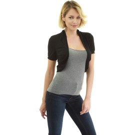 AmélieBoutik Women Short Sleeve Bolero Shrug Open Front Pleated Sides Cropped Cardigan for Dress Casual (Black Large)