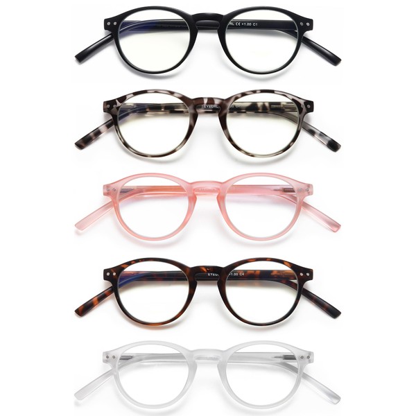 EYEURL 5-Pack Small Round Reading Glasses for Women Men Blue