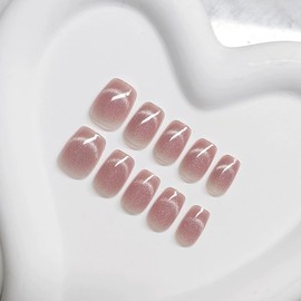 24 Pcs Nail Tip, Cute Nail Tip, Short, Medium, Medium Nail Tip, False Nail, Cat Eye, Pink Gradient, Skin Color, Popular, Japanese Style, Cute, Simple, Fashionable Party Tip, Autumn, Spring, Summer