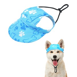 PET SHOW Dog Baseball Cap Paw Print Dog Visors for Small Medium Dogs Waterproof Pet Sun Hats with Ear Holes Adjustable Drawstring Boy Puppy Hat - Blue/M