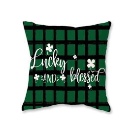 ONWAY St Patricks Day Green Buffalo Plaid Lumbar Pillow Cover 18x18 Shamrock Clover Lucky Blessed Decorative Farmhouse Cushion Case for Sofa Couch Home Bed Decor