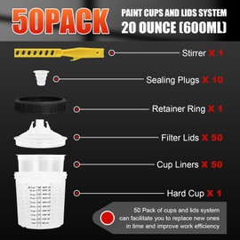 Disposable Paint Spray Gun Cup 20 Ounce(600ml) Kit for Automotive Paint Gun, HVLP Paint Spray Paint Gun Kit with 50 Cup and Lids with Strainer, 10 Plugs, 1 Hard cup, 1 Retaining Ring, 1 Stirring Bar