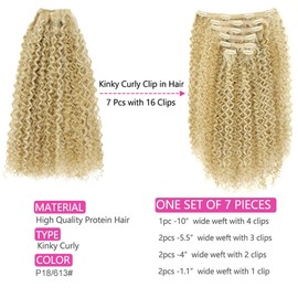BHF 26 inch Kinky Curly Clip In Hair Extension, Double Weft Full Head Japanese Heat Resistance Fiber 140g Synthetic Hair Extensions For Women 7pieces (#P18/613)