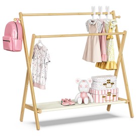 BAMBOOHOMIE Kids Clothing Rack, Kids Dress Up Rack with Storage Shelf & Double Rods, Foldable Kids Dress Up Clothes Rack for Toddler Nursery Child's Room, 100% Natural Bamboo (Large Size)