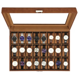 Uten 24-Slot Watch Box, PU Leather Watch Case with Glass Lid, Watch Holder Organizer with Soft Pillow and Velvet Lining, Watch and Jewelry Storage Box, Brown