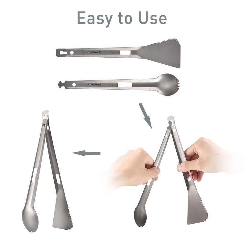 TOMSHOO Titanium Serving Tongs Multi-Purpose BBQ Tongs with Spork and