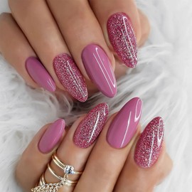 IQXGE Purple Acrylic Press on Nails Almond Medium Acrylic Nails Press Ons Full Cover Glue on Fake Nail with Silver Glitter Designs Purple Red Artificial Stick on False Nail for Women